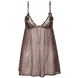 A sheer leopard print babydoll with thin straps and black bow accents.