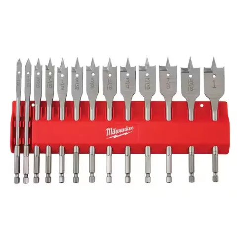 A set of Milwaukee spade drill bits with sizes ranging from 1/4 to 1 inch, displayed in a red holder.