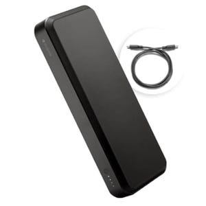 Mophie Laptop Power Bank, sleek and black, features an LED indicator and accompanies a USB-C cable, suitable for charging laptops and other devices on the go.