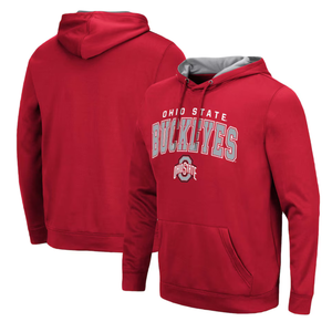 Red Ohio State Buckeyes hoodie with gray lining, featuring \“Ohio State Buckeyes\“ text and logo on the front, includes a front pouch pocket and long sleeves.