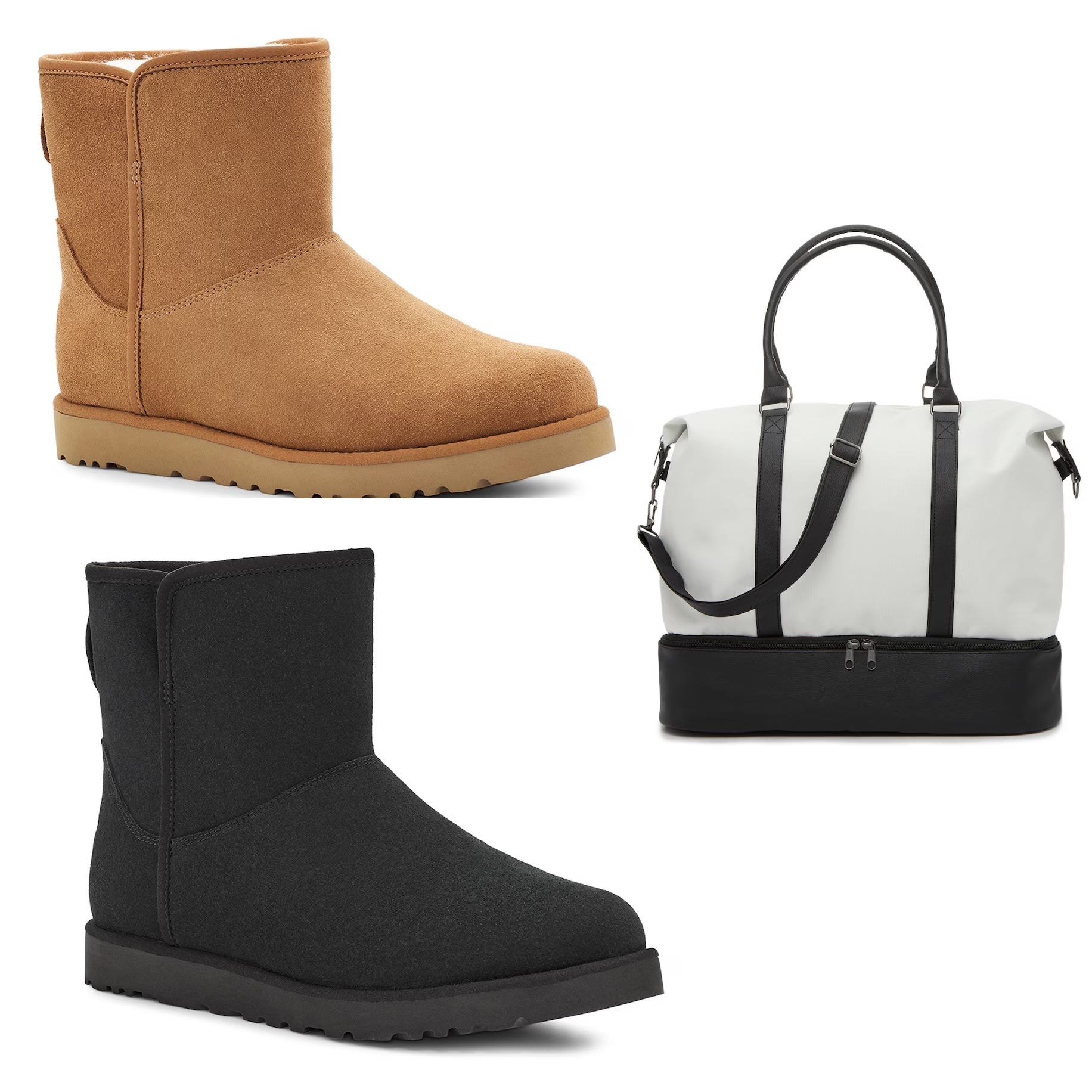 Two pairs of UGG boots are shown, one in tan and the other in black, both with a short, slip-on design and a thick, flat sole.
