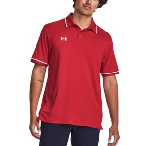 Red Under Armour Team Polo with white trim on the collar and sleeves, featuring the Under Armour logo on the chest.