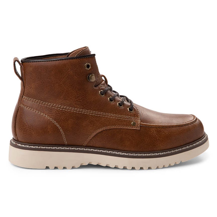 Brown leather ankle boot with a white rubber sole and lace-up closure, featuring metal eyelets and decorative stitching.