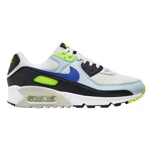 A pair of Nike Air Max 90 sneakers with white, blue, and neon green accents.