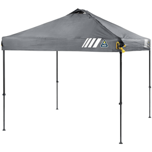 A gray pop-up canopy tent with a pointed roof and black legs, featuring the GCI logo on one side.