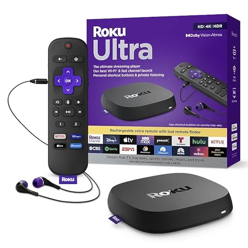 A Roku Ultra streaming device is shown alongside its remote control, designed for HD, 4K, and HDR content, with buttons for specific streaming services.