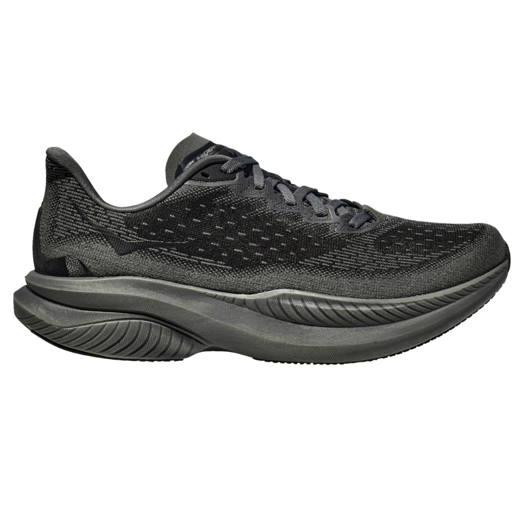 A black athletic running shoe featuring a textured knitted upper and a thick, cushioned sole designed for comfort and support.