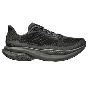 A black athletic running shoe featuring a textured knitted upper and a thick, cushioned sole designed for comfort and support.