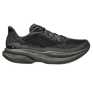 A black athletic running shoe featuring a textured knitted upper and a thick, cushioned sole designed for comfort and support.