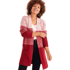 A long-sleeve cardigan featuring a color block design with shades of pink and deep red, adorned with ribbed cuffs and an open-front style.