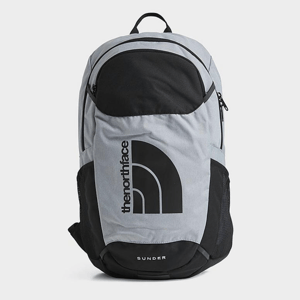 A gray and black backpack with reflective elements and a prominent logo design.