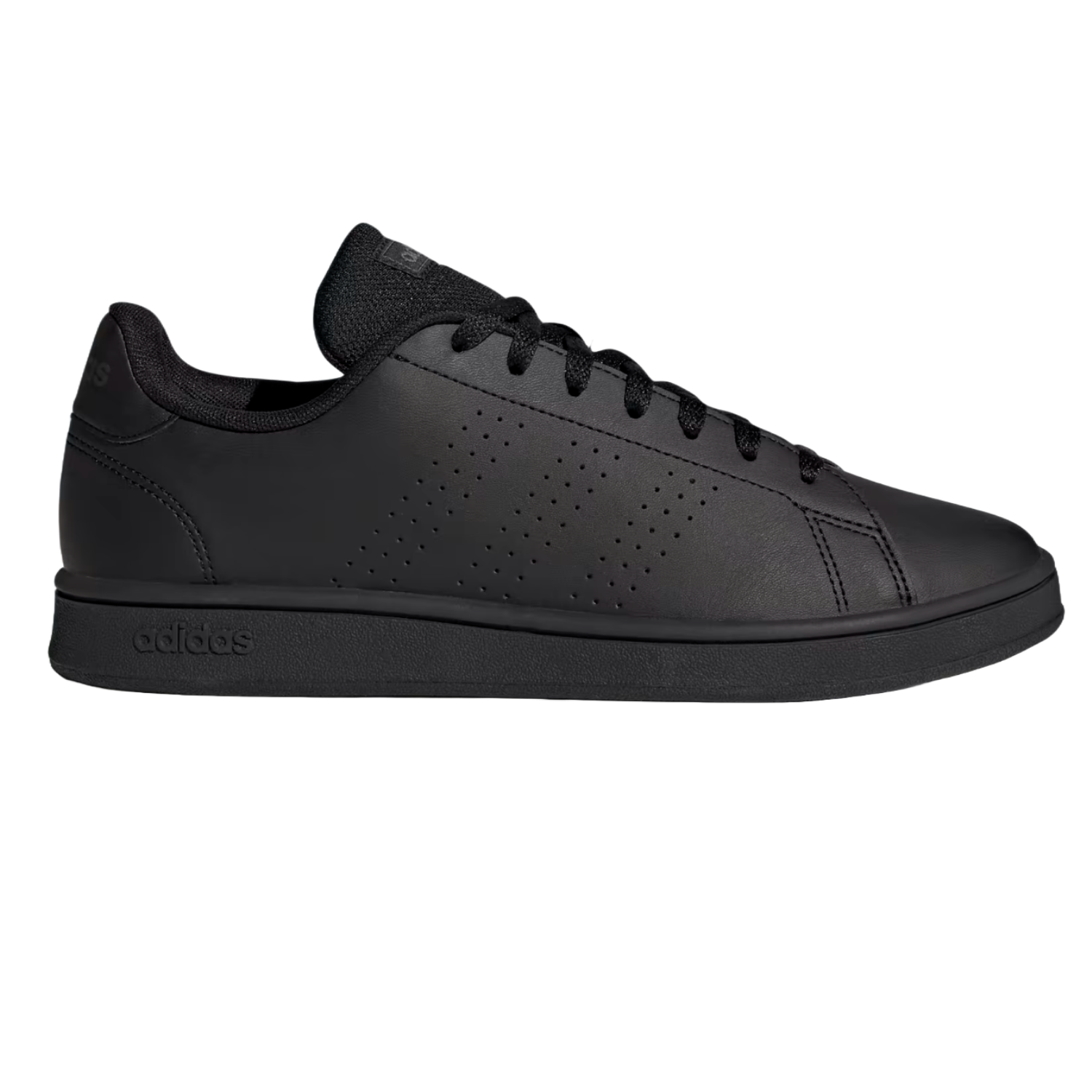 A black Adidas casual sneaker with a sleek design and perforated details.