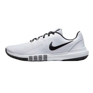 Nike training shoe, white with black swoosh, featuring a low-top design, lace-up closure, and textured sole for grip.