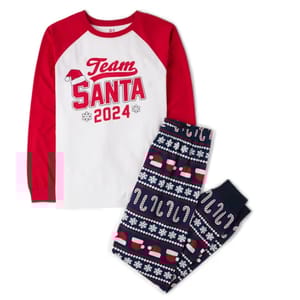 Holiday-themed pajama set with \“Team Santa 2024\“ baseball-style shirt and patterned pants featuring candy canes and Santa hats.