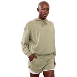 A relaxed-fit, sage green hoodie with a drawstring hood and bubble hem design, featuring long sleeves and a casual style.