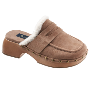 Brown slip-on clog with a chunky heel, faux shearling lining, and studded detailing around the sole.