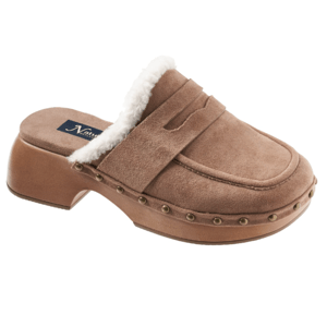 Brown slip-on clog with a chunky heel, faux shearling lining, and studded detailing around the sole.