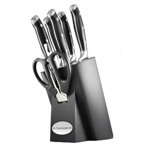 A knife block set featuring five stainless steel kitchen knives with black handles and an integrated pair of kitchen scissors.