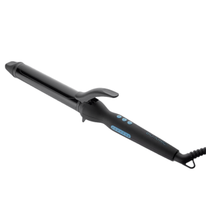 A black curling iron with a clamp, featuring digital temperature controls and a swivel cord, designed for styling hair.