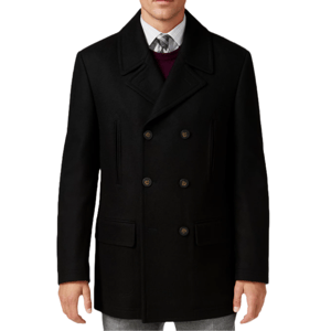 A man is wearing a black, double-breasted peacoat with wide lapels and slanted pockets. The coat is paired with a dress shirt, tie, and sweater.