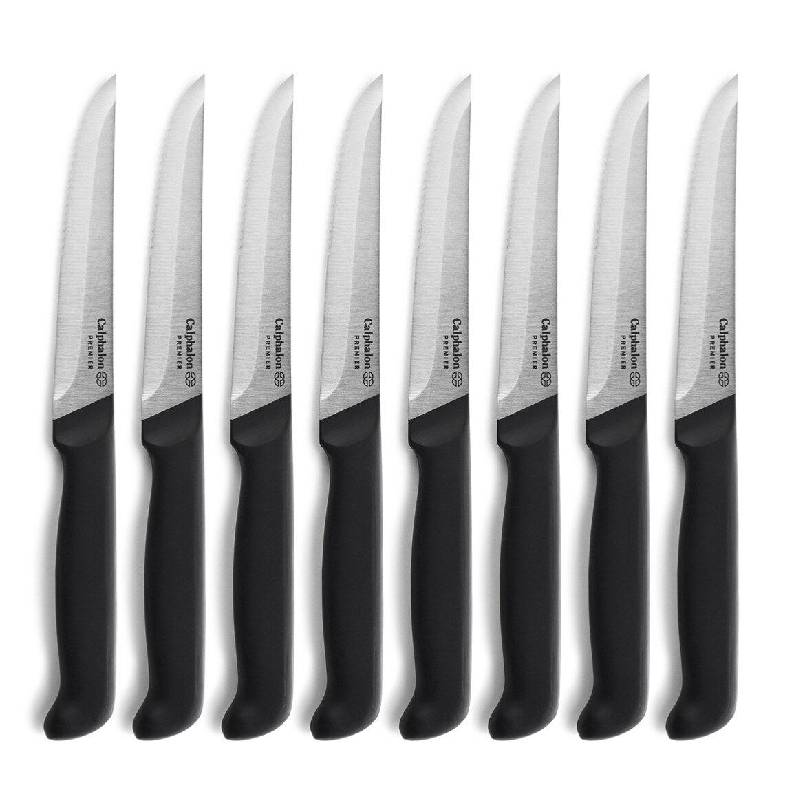 A set of eight serrated steak knives with black handles and stainless steel blades, branded as \“Calphalon Premier.\“