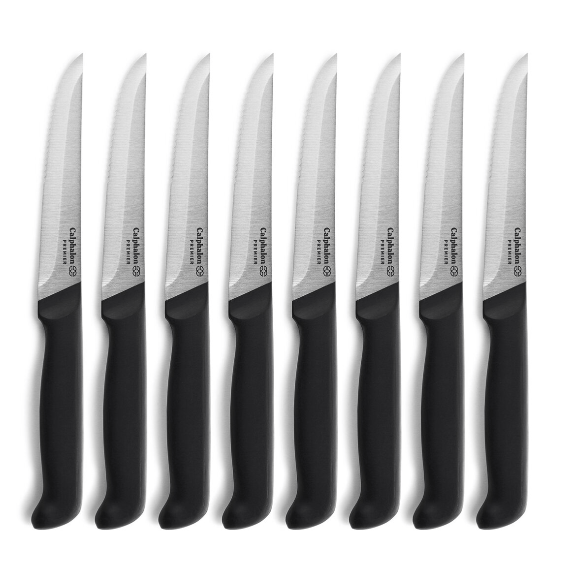 A set of eight serrated steak knives with black handles and stainless steel blades, branded as \“Calphalon Premier.\“