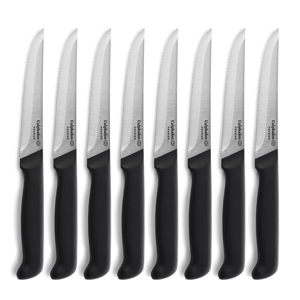 A set of eight serrated steak knives with black handles and stainless steel blades, branded as \“Calphalon Premier.\“