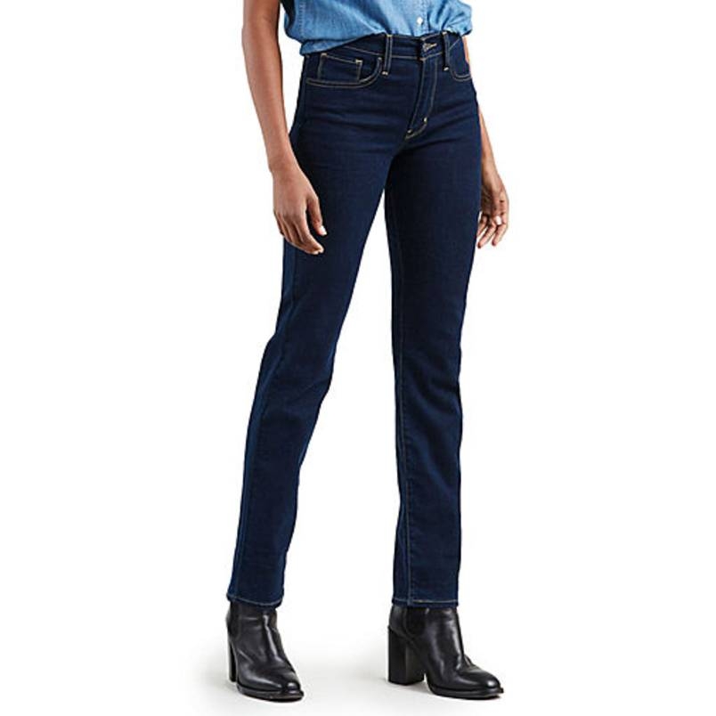 Levi's 724 Jeans feature a high-rise waist, slim fit through the hip and thigh, and a straight leg. They are dark-wash denim and paired with black heeled boots.