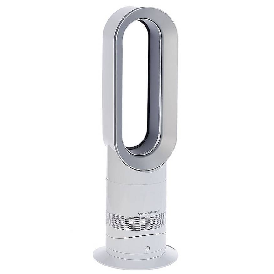 A bladeless fan and heater with an elongated oval design, labeled \“Dyson hot+cool.\“