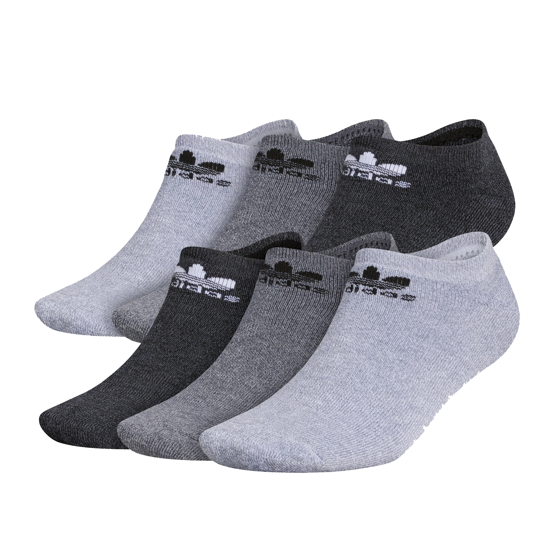 A set of six no-show socks in various shades of gray, featuring a visible logo near the cuff.