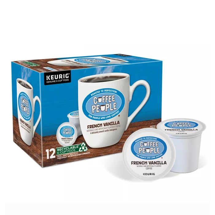 Coffee People French Vanilla K-Cup Pods, 12-count, feature a smooth vanilla blend suitable for Keurig brewers. The packaging highlights recyclability of the pods.