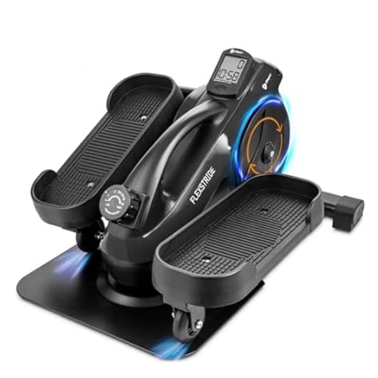 A compact under-desk elliptical machine with a digital display and adjustable resistance knob, designed for low-impact exercise.