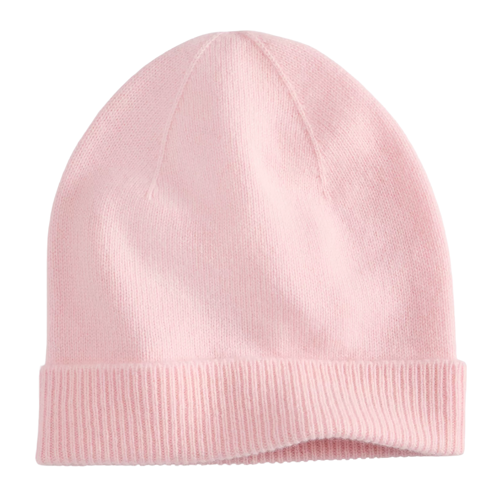 A light pink knit beanie with a folded brim.