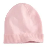 A light pink knit beanie with a folded brim.