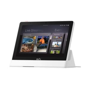 A white Eufy Smart Display with a touchscreen showing live streaming and event notifications. It features a built-in stand and is designed for managing smart home devices.
