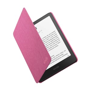 A pink Kindle e-reader with a matching fabric cover, displaying text on its screen.
