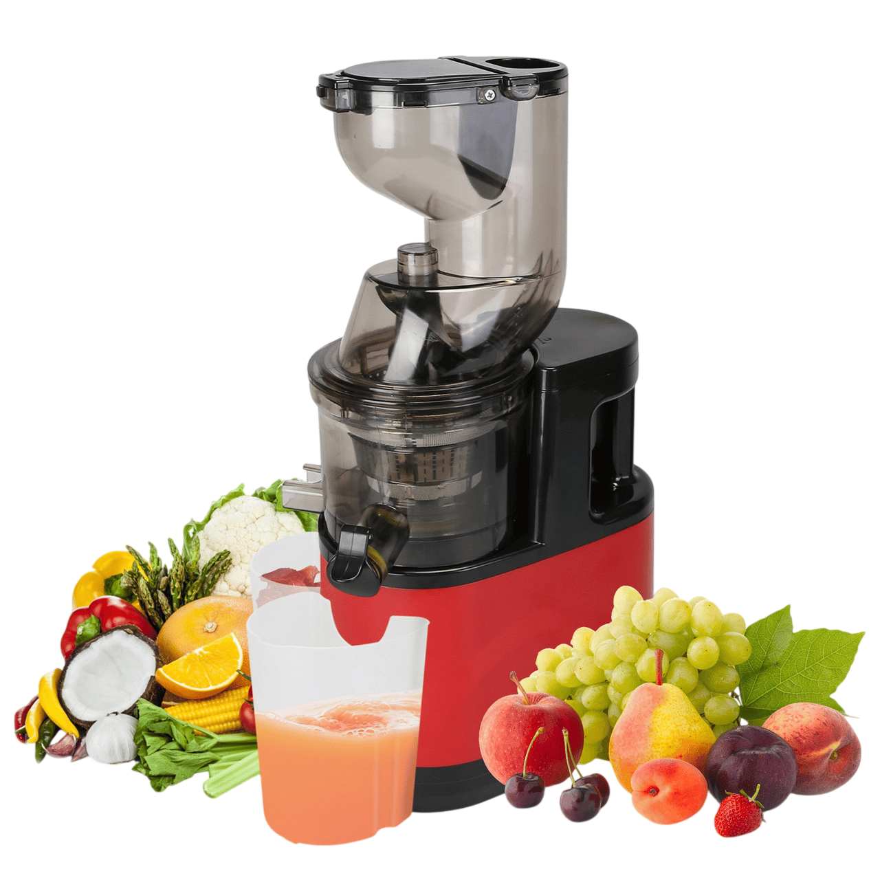 A red and black slow juicer with a pitcher of juice, surrounded by a variety of fruits and vegetables, including oranges, grapes, apples, cherries, pears, coconuts, and asparagus.