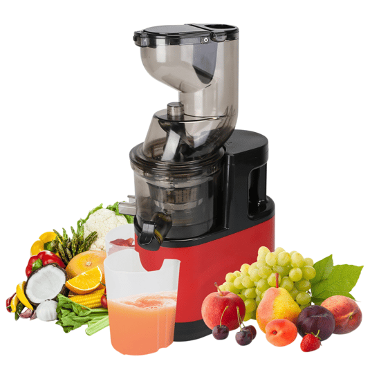 A red and black slow juicer with a pitcher of juice, surrounded by a variety of fruits and vegetables, including oranges, grapes, apples, cherries, pears, coconuts, and asparagus.