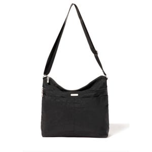 Black hobo bag with an adjustable strap, front zip pocket, and a small metallic logo plate. Sleek and versatile design, suitable for everyday use.