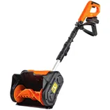 A cordless electric snow shovel with an ergonomic orange and black design, featuring a rotating auger and a rechargeable battery, suitable for clearing snow from small areas.