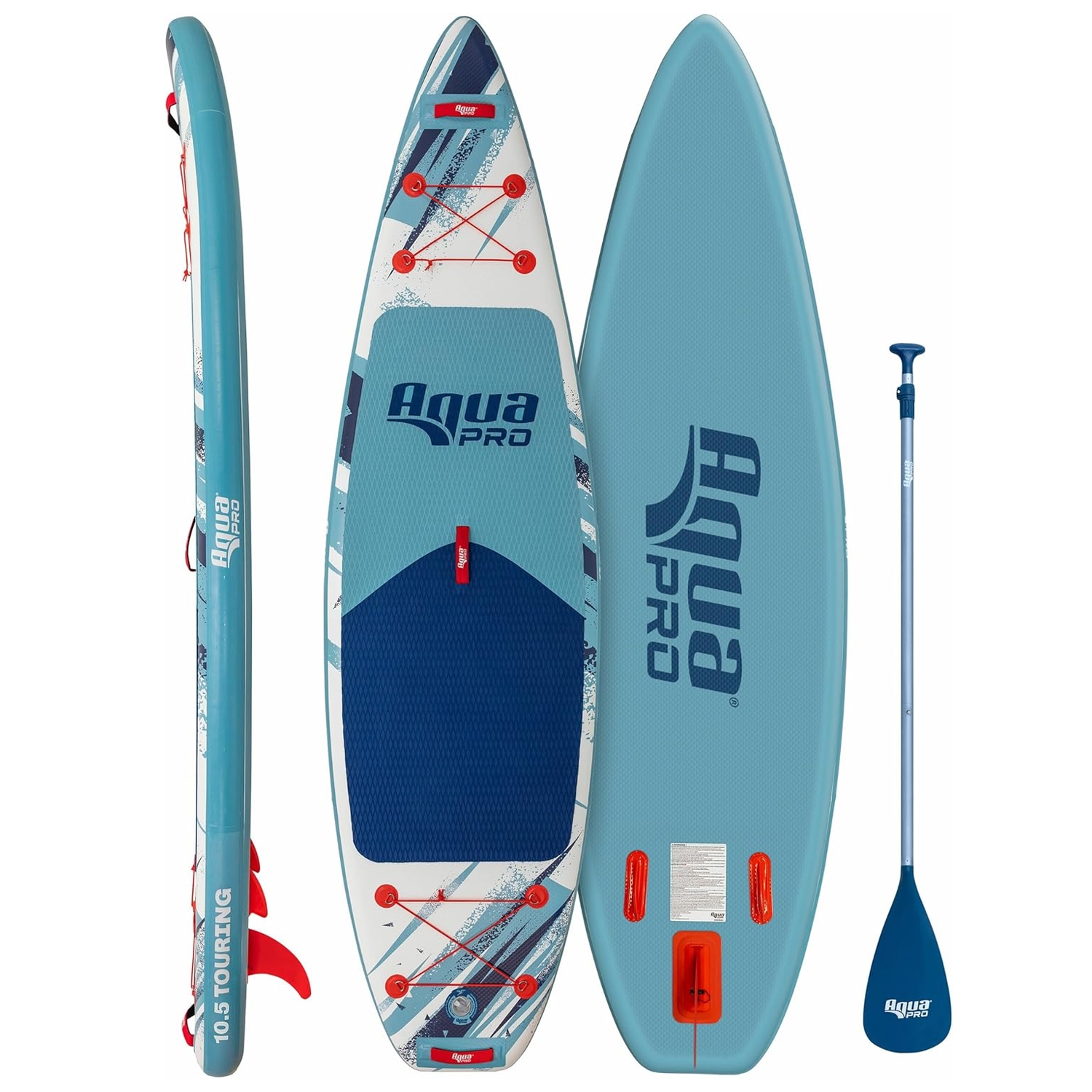 Aqua Pro inflatable paddleboard in shades of blue with red accents, featuring a non-slip deck, bungee cords on the front, and a red fin. Includes an adjustable paddle.