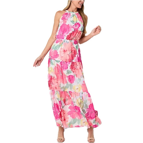 R & K Originals Floral Maxi Dress features a sleeveless design with a halter neckline, adorned with vibrant pink, red, and yellow floral prints on a tiered, flowing skirt.
