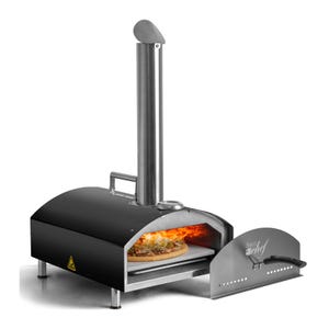 Outdoor pizza oven with chimney and pizza peel tool.