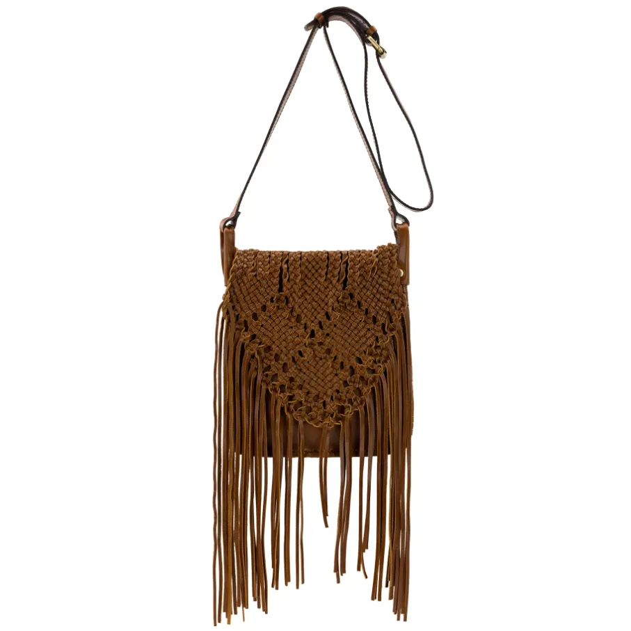 A brown shoulder bag with a woven design features fringe hanging down from the bottom and a long adjustable strap.