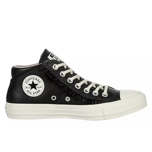 Black Converse Chuck Taylor Mid Top Sneakers with white laces, featuring a white rubber sole and the classic All Star logo on the side, along with decorative fringe detailing along the laces.