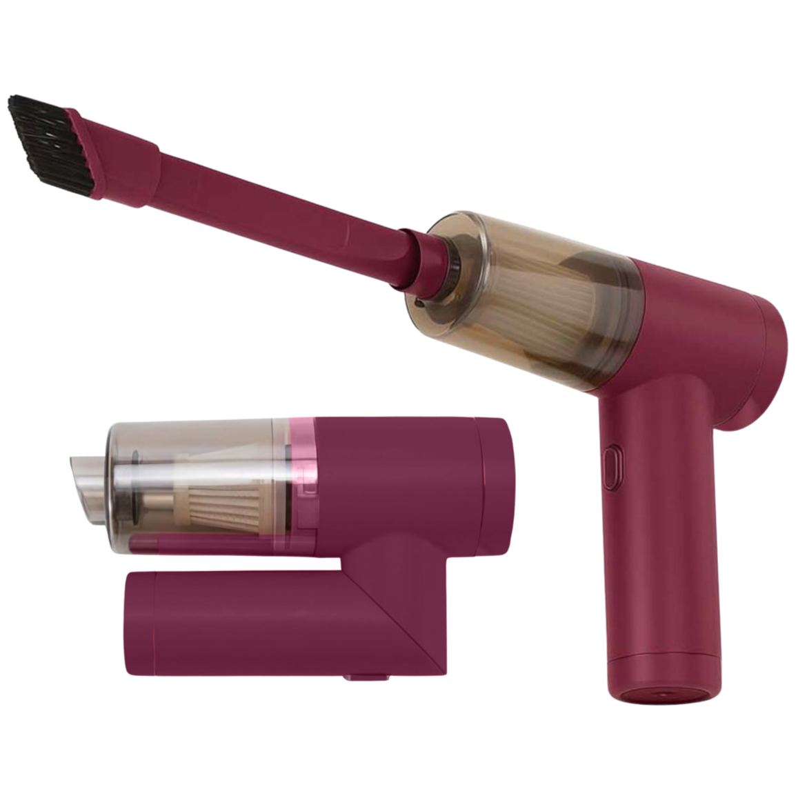A compact handheld vacuum cleaner with a burgundy design, featuring an extendable brush attachment and a transparent dust chamber for easy cleaning.
