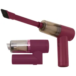 A compact handheld vacuum cleaner with a burgundy design, featuring an extendable brush attachment and a transparent dust chamber for easy cleaning.