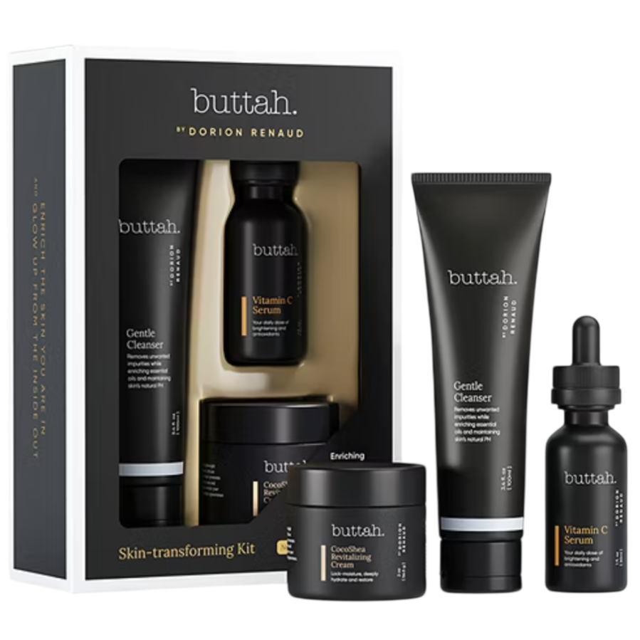 Buttah Skin-transforming Kit by Dorion Renaud includes a Gentle Cleanser, Vitamin C Serum, and CocoShea Revitalizing Cream.