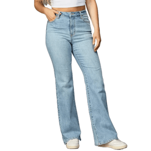 A person is wearing light blue flared jeans paired with white sneakers. The jeans have a high waist and a classic five-pocket design.