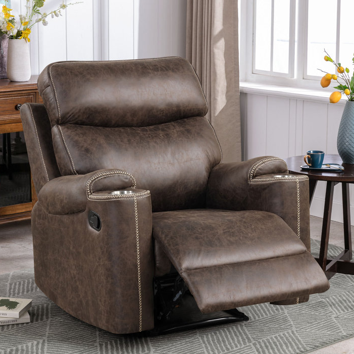 A brown, 39\“ vegan leather recliner with a padded back, armrests featuring stitching details, and a reclining footrest. It includes a cup holder and a side lever for adjusting the position, placed in a cozy room setting.